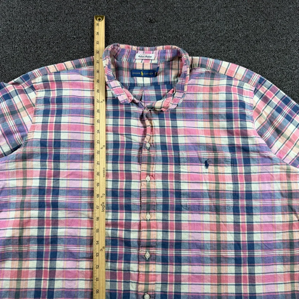 Polo Ralph Lauren Indian Madras Shirt Mens 3XB Pink Blue Plaid Short Sleeve Pony